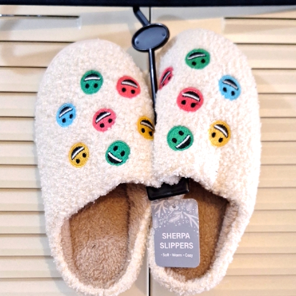 Sherpa Slippers with Colorful Smiley Faces